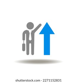 Vector illustration of businessman holding a hand up and arrow up. Symbol of CRM Customers Relationship Management. Icon of business finance growth. Sign of career.