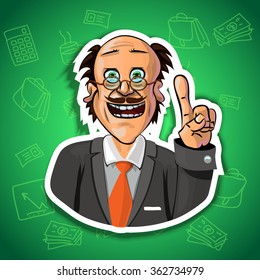 Vector illustration of a businessman holding his index finger up - sign of attention. Gradient background with the office accessories.  Made in comic cartoon style.