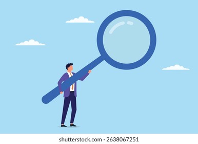 Vector illustration of a businessman holding a large magnifying glass, symbolizing focused observation, deep analysis, and the pursuit of clarity and insight in the business world
