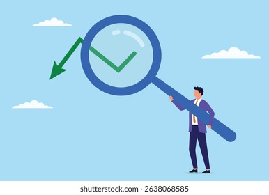 Vector illustration of a businessman holding a large magnifying glass and analyzing data, symbolizing meticulous attention to detail, in depth data examination, and pursuing insightful