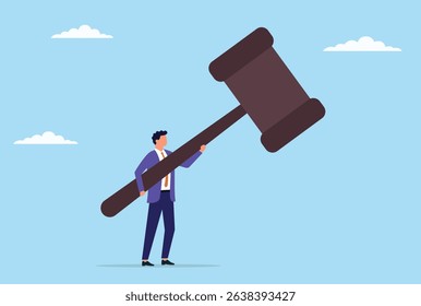 Vector illustration of a businessman holding a large judge's hammer, symbolizing authority, legal power, leadership in corporate governance, and the application of justice and ethical decision making
