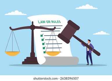 Vector illustration of a businessman holding a large gavel, applying a checklist of laws and rules, with a balanced scale of justice in the background, symbolizing control, and the rule of law