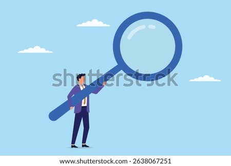 Vector illustration of a businessman holding a large magnifying glass, symbolizing focused observation, deep analysis, and the pursuit of clarity and insight in the business world
