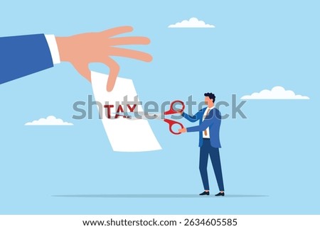 Vector illustration of a businessman holding scissors and cutting a tax document, symbolizing tax reduction, financial relief, and corporate efforts to reduce financial burdens
