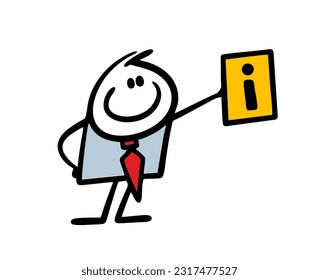 Vector illustration of a businessman holding a sign with the letter i. Man in a business suit draws attention to important information. Cartoon stickman isolated on white background.