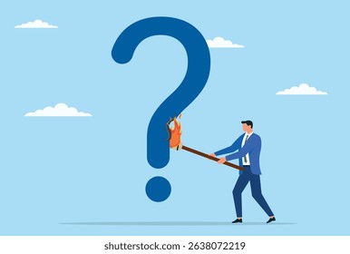 Vector illustration of a businessman holding a torch and burning a large question mark, representing victory over uncertainty, bold decision making, and the motivation to overcome doubt in business