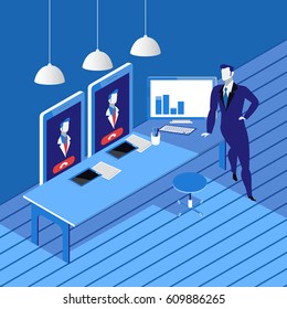 Vector illustration of businessman holding videoconference. Business videoconferencing concept flat style design.