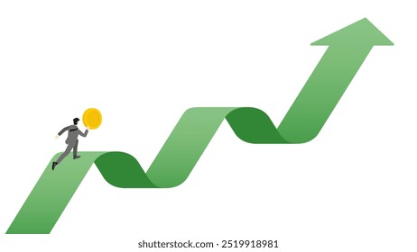 Vector illustration, a businessman holds a coin while running along an upward green arrow, the journey of investment and financial success in today's economy, emphasizing growth and prosperity.