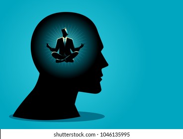 Vector illustration of a businessman in human head doing yoga pose. Peaceful mind, calm concept