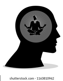 Vector illustration of a businessman in human head doing yoga pose. Peaceful mind, calm concept