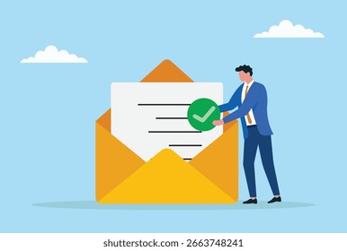 Ilustración vectorial de un empresario que inserta una marca de verificación verde en un sobre, que representa la Aprobación, los mensajes verificados o la comunicación exitosa
