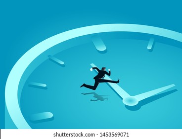 vector illustration of businessman jump a clockwise. describe time is money, compete, move and faster. business concept illustration