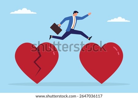 Vector illustration of a businessman jumping from a broken love sign to a whole love sign, symbolizing recovery from heartbreak, emotional growth, and restored relationships
