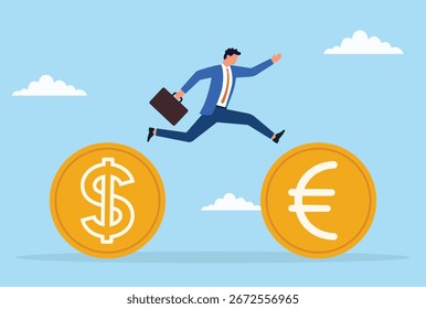 Vector illustration of a businessman jumping from a dollar coin to a euro coin, symbolizing currency exchange, international finance, and global investment opportunities
