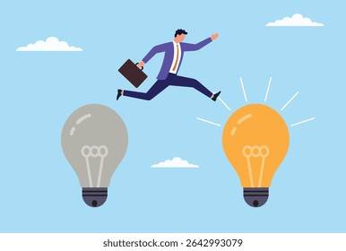 Ilustração vetorial de um homem de negócios saltando de uma ideia maçante para uma inovação brilhante, representando a jornada do pensamento não inspirado para as descobertas criativas e a inovação de sucesso
