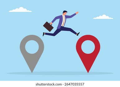 Ilustração vetorial de um homem de negócios saltando de um ícone de local sem graça para um brilhante, simbolizando a mudança em direção a melhores oportunidades, crescimento e realocação estratégica de negócios
