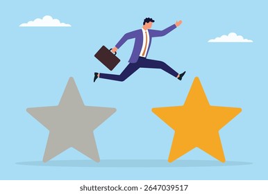 Ilustração vetorial de um homem de negócios saltando de um signo de estrela sem brilho para um brilhante, simbolizando melhores críticas de clientes, melhor reputação e crescimento no sucesso dos negócios

