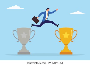 Ilustração vetorial de um homem de negócios saltando de um troféu maçante para um brilhante, simbolizando a jornada da mediocridade à excelência e alcançando maior sucesso
