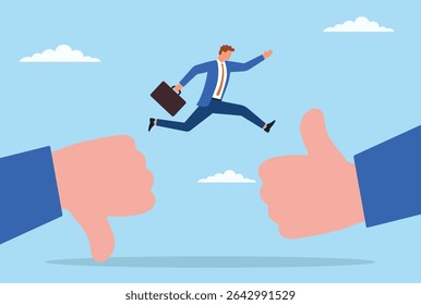 Ilustração vetorial de um homem de negócios saltando de uma mão de desagrado gigante para uma mão de desagrado gigante, simbolizando a superação da crítica principal e da rejeição para alcançar a aceitação, o sucesso e o positivo 