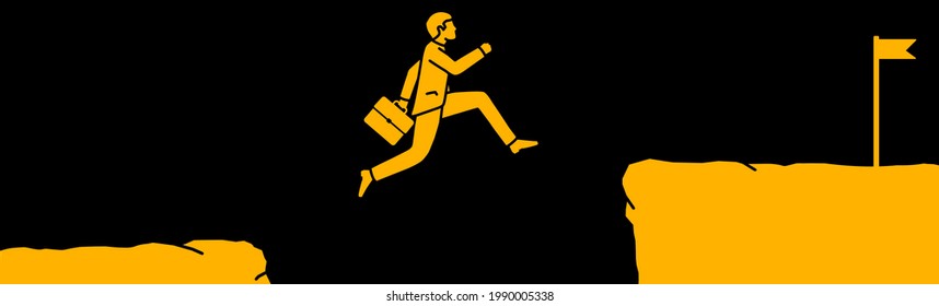 Vector illustration of a businessman jumping off a cliff, overcoming obstacles in his path and reaching his goal.