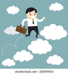 Vector illustration of  businessman jumping on clouds and holding the office bag. Business metaphor of career growth. Flat design