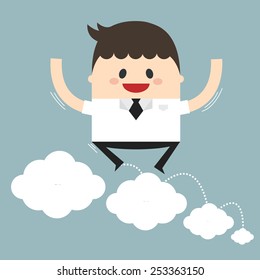 Vector illustration of businessman jumping on clouds. Flat design.