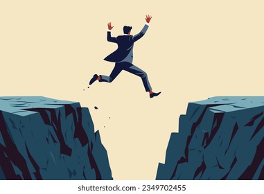 Vector illustration of businessman jumping over the abyss, financial risk, сhallenge, success and leadership concept