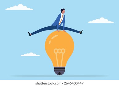 Ilustração vetorial de um homem de negócios pulando sobre uma lâmpada elétrica, representando ideias perdidas, evitando a inovação ou ignorando oportunidades criativas no mundo dos negócios
