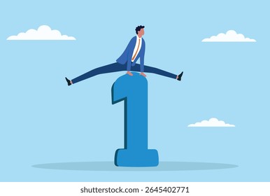 Ilustração vetorial de um homem de negócios pulando sobre o primeiro lugar, simbolizando superar os líderes atuais, rompendo barreiras e lutando por maiores conquistas além do primeiro lugar
