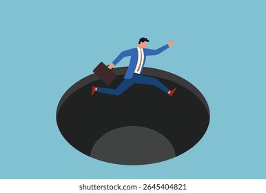 Ilustração vetorial de um homem de negócios pulando sobre um grande buraco, simbolizando a superação dos principais obstáculos, assumindo riscos e enfrentando desafios na busca do sucesso
