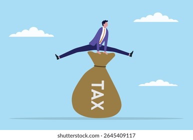 Ilustração vetorial de um homem de negócios pulando sobre um enorme saco fiscal, simbolizando esforços para contornar a pesada carga fiscal, superar obstáculos financeiros e alcançar o sucesso nos negócios
