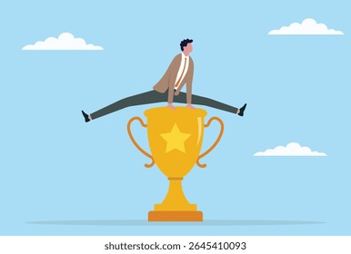 Ilustração vetorial de um homem de negócios pulando sobre um troféu de ouro, simbolizando o sucesso superado, superando conquistas ou lutando além do reconhecimento no mundo dos negócios
