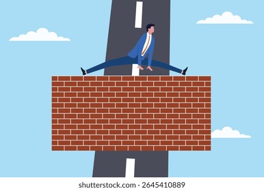 Ilustração vetorial de um homem de negócios pulando sobre uma parede de tijolos, simbolizando romper barreiras, superar obstáculos e lutar pelo sucesso apesar dos desafios
