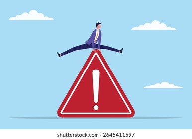 Vector illustration of a businessman jumping over a giant warning icon, representing the act of overcoming major risks, avoiding hazards, and successfully navigating business challenges
