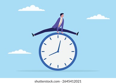 Ilustração vetorial de um homem de negócios pulando sobre um relógio grande, simbolizando o esforço para superar a pressão do tempo, vencer prazos e gerenciar os desafios do tempo limitado nos negócios
