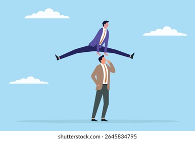 Ilustración vectorial de un hombre de negocios saltando sobre otra cabeza de hombre de negocios, que representa la ambición, la competencia y el impulso para superar los obstáculos y avanzar rápidamente en los negocios
