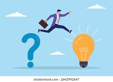 Ilustração vetorial de um homem de negócios saltando de um ponto de interrogação para uma lâmpada brilhante, representando o salto da confusão e dúvida para a clareza, ideias inovadoras e resolução bem-sucedida de problemas
