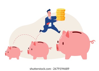 Ilustración vectorial de un hombre de negocios saltando de una hucha Pequeña a otra más grande mientras sostiene monedas, simbolizando el ahorro, las finanzas, el crecimiento, la inversión y el éxito.