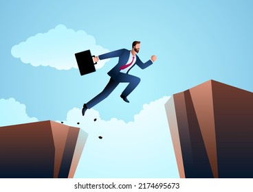 Vector illustration of a businessman jumps over the ravine. Challenge, obstacle, optimism, determination in business concept