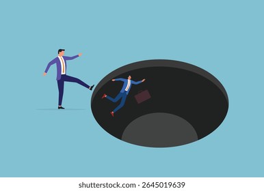 Ilustração vetorial de um homem de negócios chutando outro homem de negócios em um buraco, simbolizando a rivalidade no local de trabalho, a traição ou táticas duras em ambientes de negócios competitivos