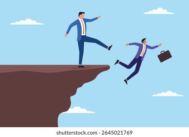 Ilustração vetorial de um homem de negócios chutando outro homem de negócios do topo de uma montanha, simbolizando competição implacável, lutas de poder e traição no mundo dos negócios
