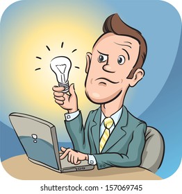 Vector illustration of Businessman with laptop computer holding bulb. Easy-edit layered vector EPS10 file scalable to any size without quality loss. High resolution raster JPG file is included.