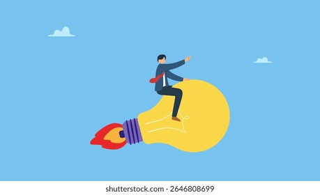 Vector illustration of businessman leader riding flying bright lightbulb lamp with rocket booster. Symbolizes creative new idea, innovation start up business or inspiration to achieve success goal.