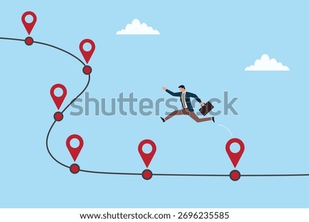 Vector illustration of a businessman leaping forward along a winding path marked with location pins, symbolizing career progress, goal achievement, and journey toward success
