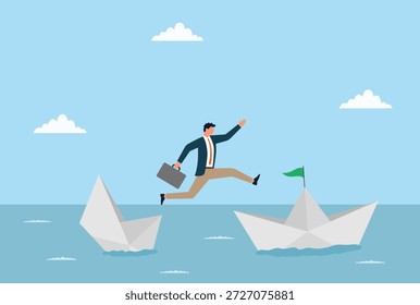 Ilustración vectorial de un hombre de negocios saltando de un bote de papel que se hunde a uno más seguro, que simboliza decisiones audaces, toma de riesgos y la búsqueda de mejores oportunidades en los negocios
