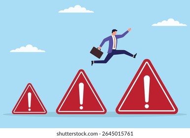 Ilustração vetorial de um homem de negócios saltando de um ícone pequeno de aviso para um grande, simbolizando a progressão de problemas menores para riscos maiores ou desafios de negócios em crescimento
