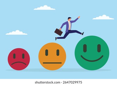 Vector illustration of a businessman leaping from a small sad icon to a large happy icon, symbolizing how customer feedback drives positive transformation and business improvement
