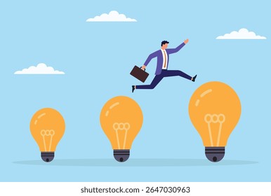 Ilustração vetorial de um homem de negócios saltando de uma lâmpada pequena para uma lâmpada grande, simbolizando a progressão e o crescimento de ideias que levam a uma maior inovação e sucesso
