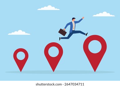 Ilustração vetorial de um homem de negócios saltando de um ícone de local pequeno para um grande, simbolizando a expansão, o crescimento ou o progresso de um local para uma presença de mercado mais ampla
