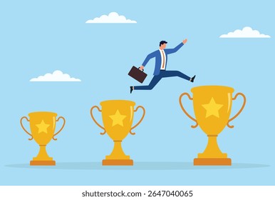 Ilustração vetorial de um homem de negócios saltando de um pequeno troféu para um grande, simbolizando crescimento, realização e a busca de maior sucesso e reconhecimento nos negócios
